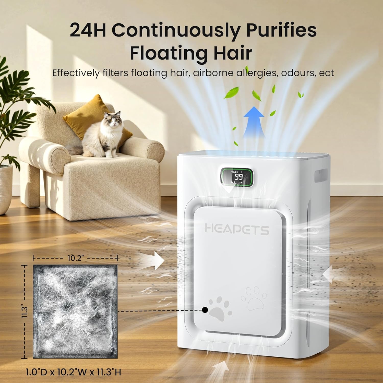 HEAPETS Pet Air Purifier with HEPA Filter Odor Control for Dogs & Cats
